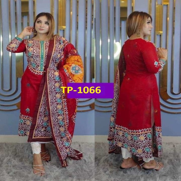 New exclusive Rangdhonu designed VIP Linen Amburtari Les Work 3 Piece For Stylish Women/Girls(1066)