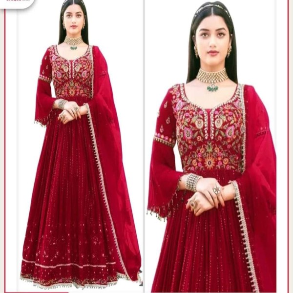 Maroon Georgette Embroidery Work Party Wear Party Dress For Women(1511)